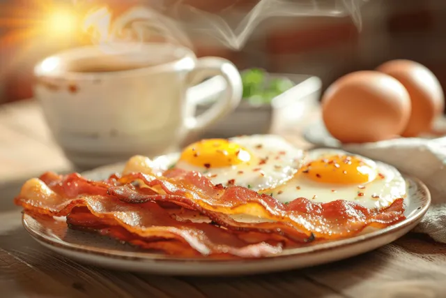 Fried eggs and crispy bacon on a plate next to a steaming coffee mug on a wooden table in morning sunlight.