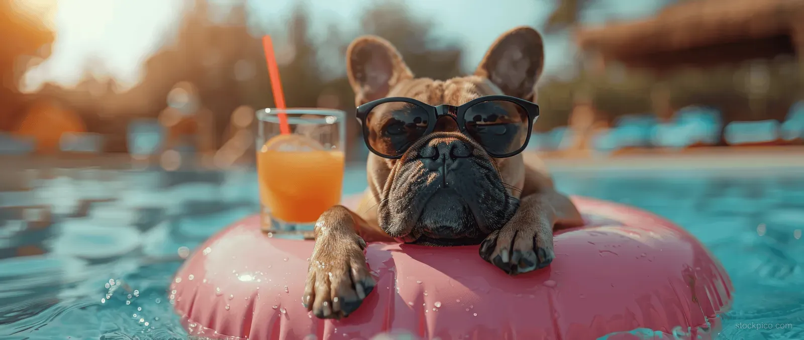French Bulldog lounging on a pink inflatable pool ring wearing sunglasses while a cocktail rests nearby.