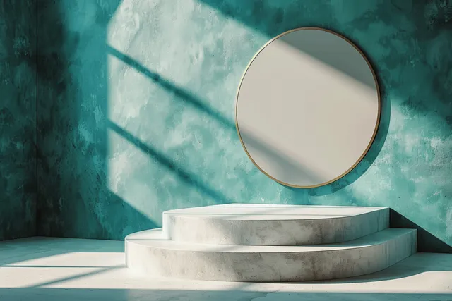 Minimalist white blocks on teal studio platform with circular highlight and soft shadows