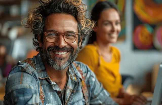 Smiling developer and coworker discuss code on laptops in a bright office room