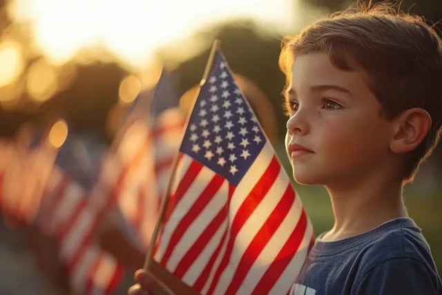 A child waves a small American flag while other red, white, and blue flags blur in the parade background.