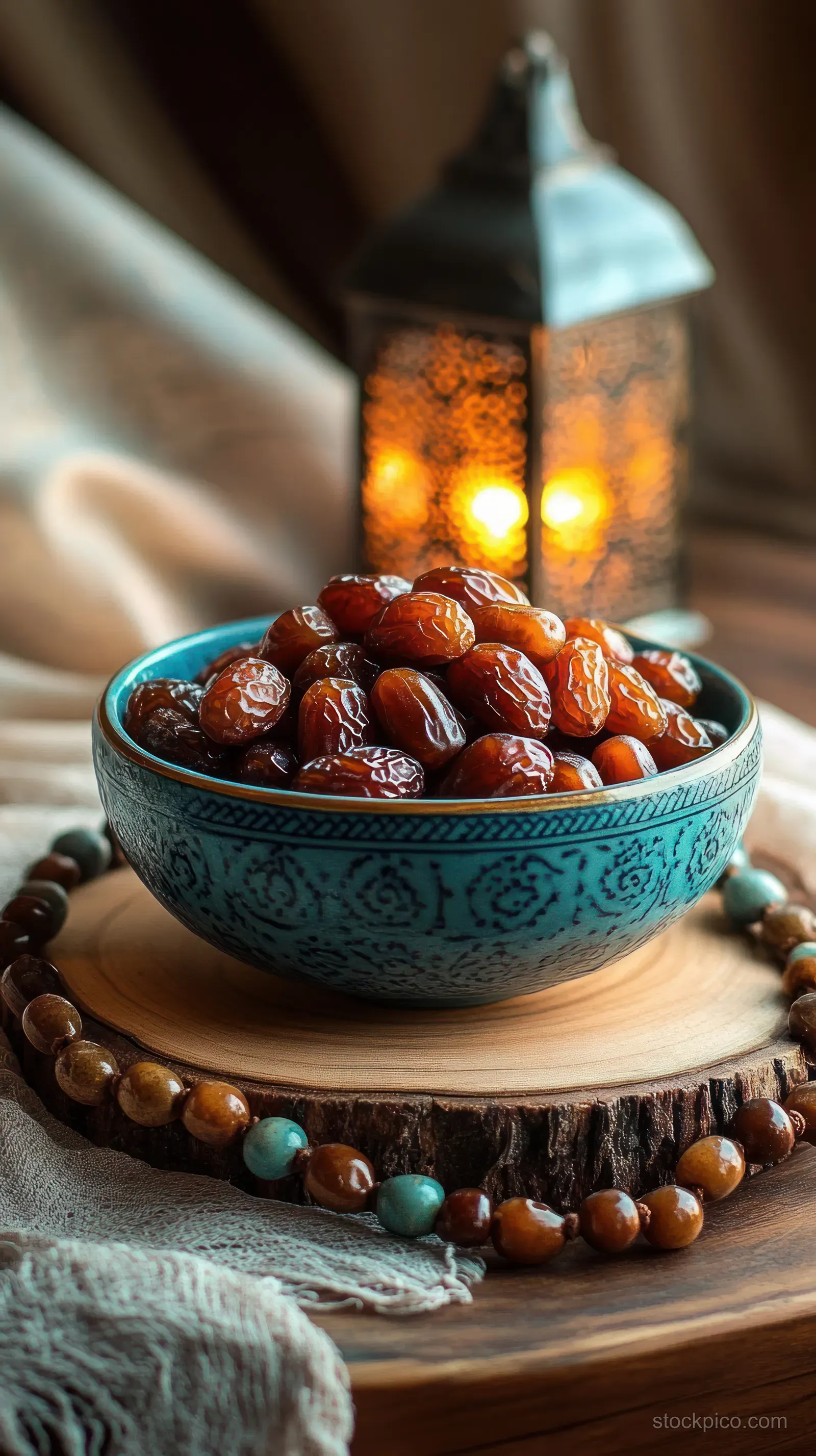 A blue bowl filled with glossy dates sits on a wooden slab beside a bead string while an ornate lantern glows in the background.