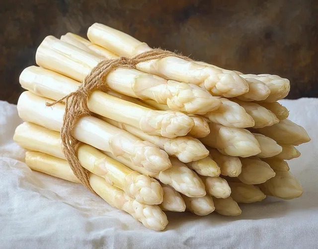 Fresh white asparagus bundle tied with rustic twine on a light cloth in a close-up still life.