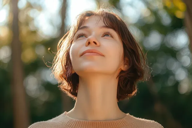 A young woman gazes upward with a calm expression as sunlight filters through softly blurred green trees.