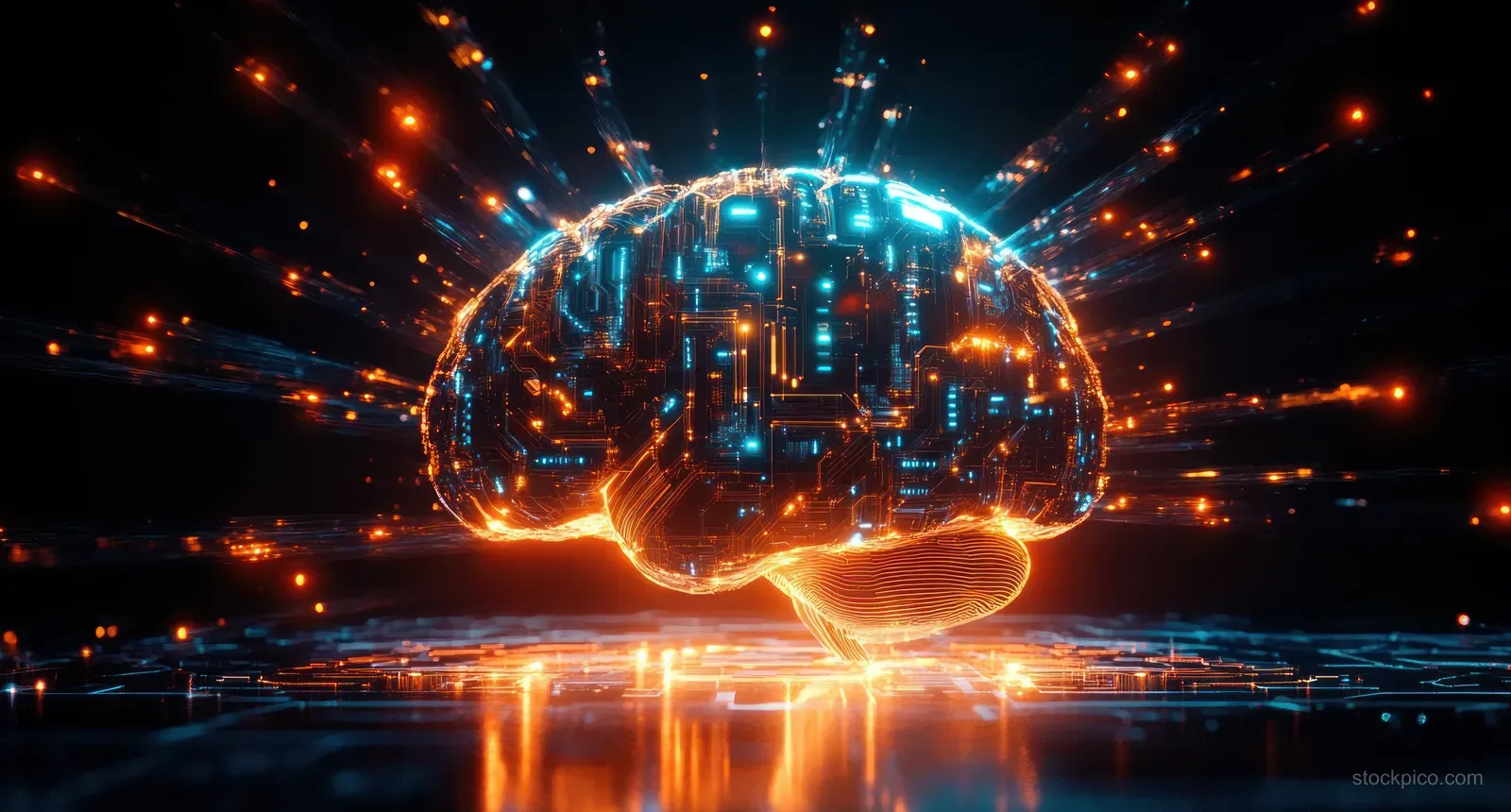 Digital brain made of circuit patterns radiates blue and orange light over a reflective dark surface.