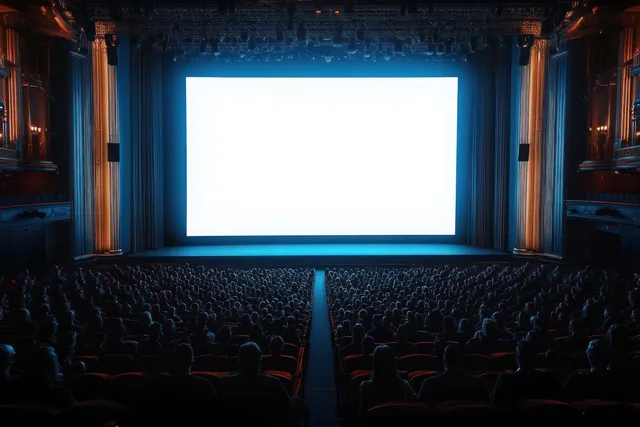 A large audience sits in a dark ornate theater while a bright blank screen glows on the stage under blue and warm lights.