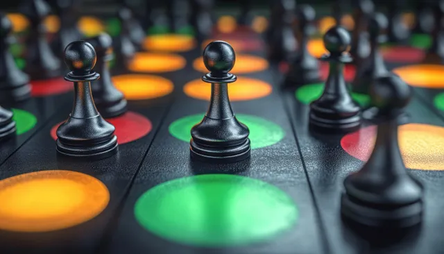 Black chess pawns with colored circular zones symbolizing distancing and contamination risk