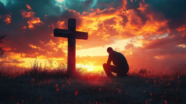 A kneeling person prays beside a wooden cross on a grassy hill under a fiery orange-red sunset sky.