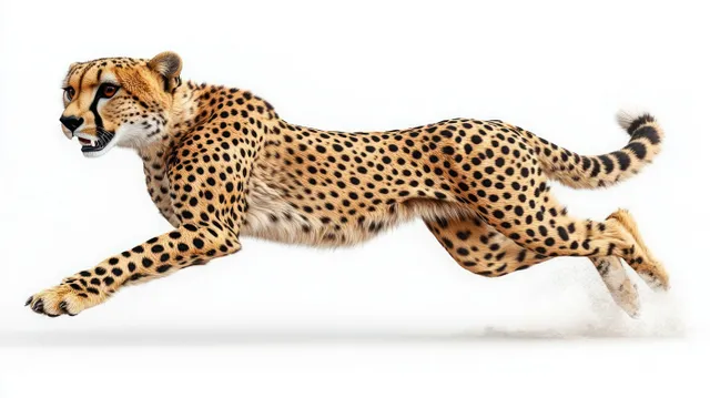 Cheetah mid-leap sprinting across isolated white background, spotted fur and extended paws