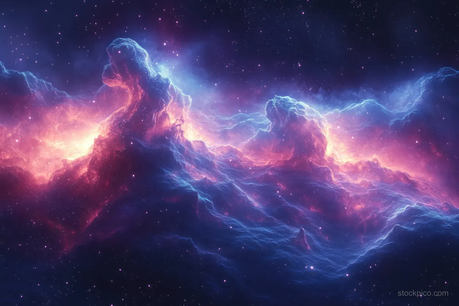 Violet and magenta nebula clouds swirl with glowing stars across a dark deep-space sky.
