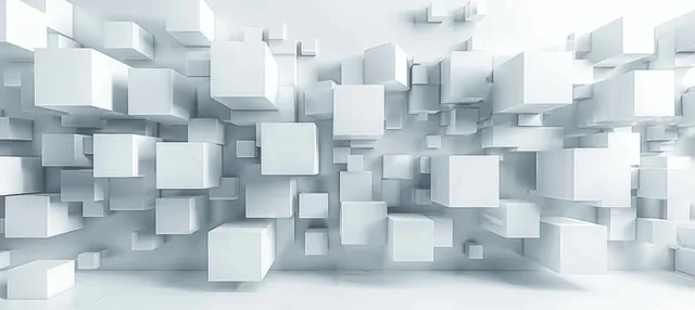 Minimalist white 3D wall background of floating cubes and square blocks with soft shadows.