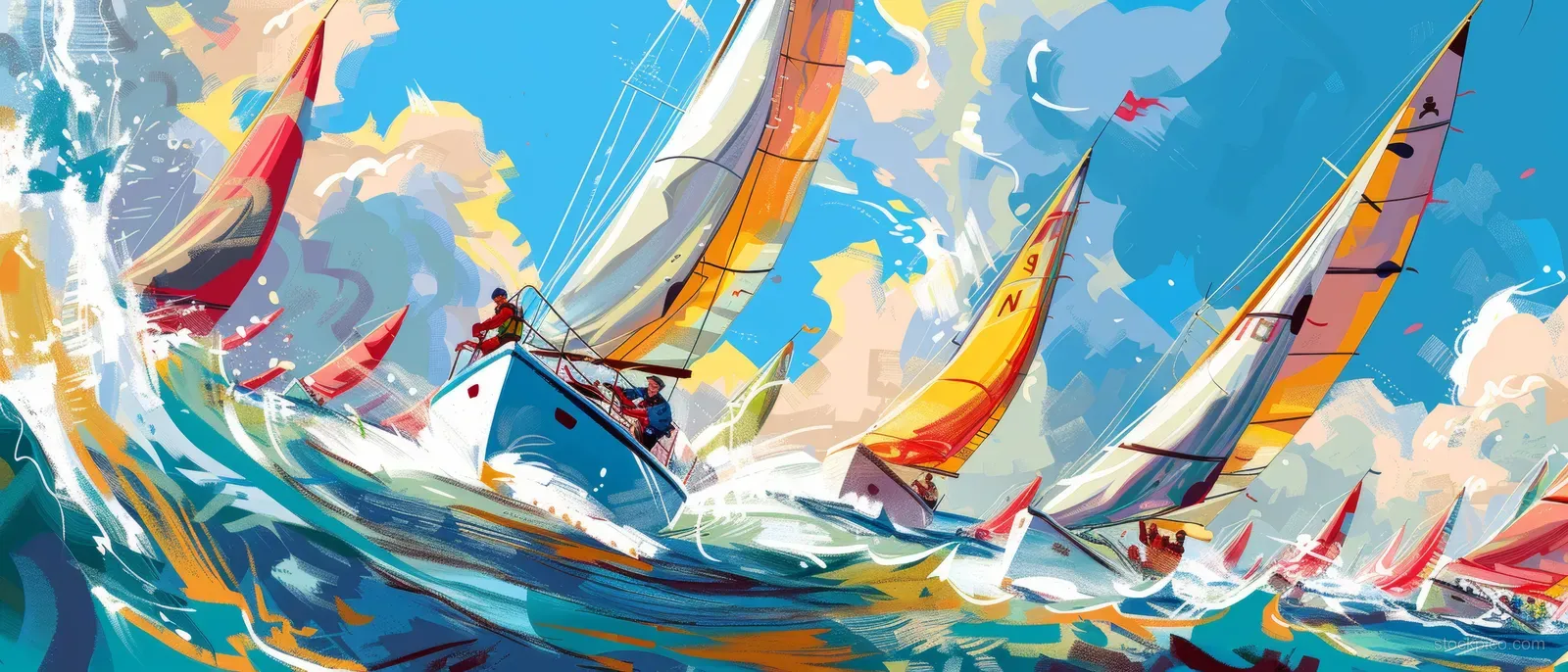 Comic-style Sunfish sailboats in a France regatta race through splashing waves with bright sails and wind motion.