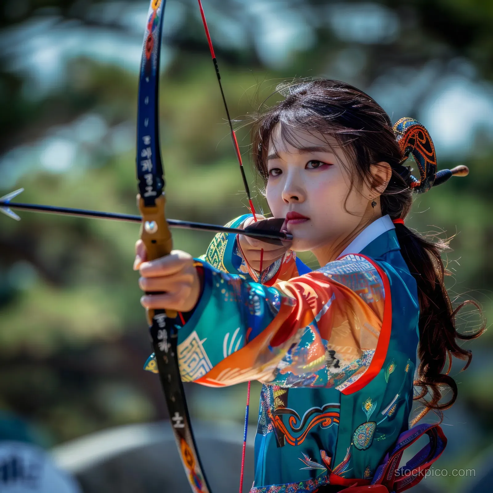 A South Korean female archer in a colorful uniform releases an arrow while drawing a bow outdoors.