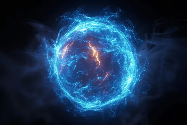 Abstract cosmic energy sphere with electric blue flames and glowing plasma rings in darkness
