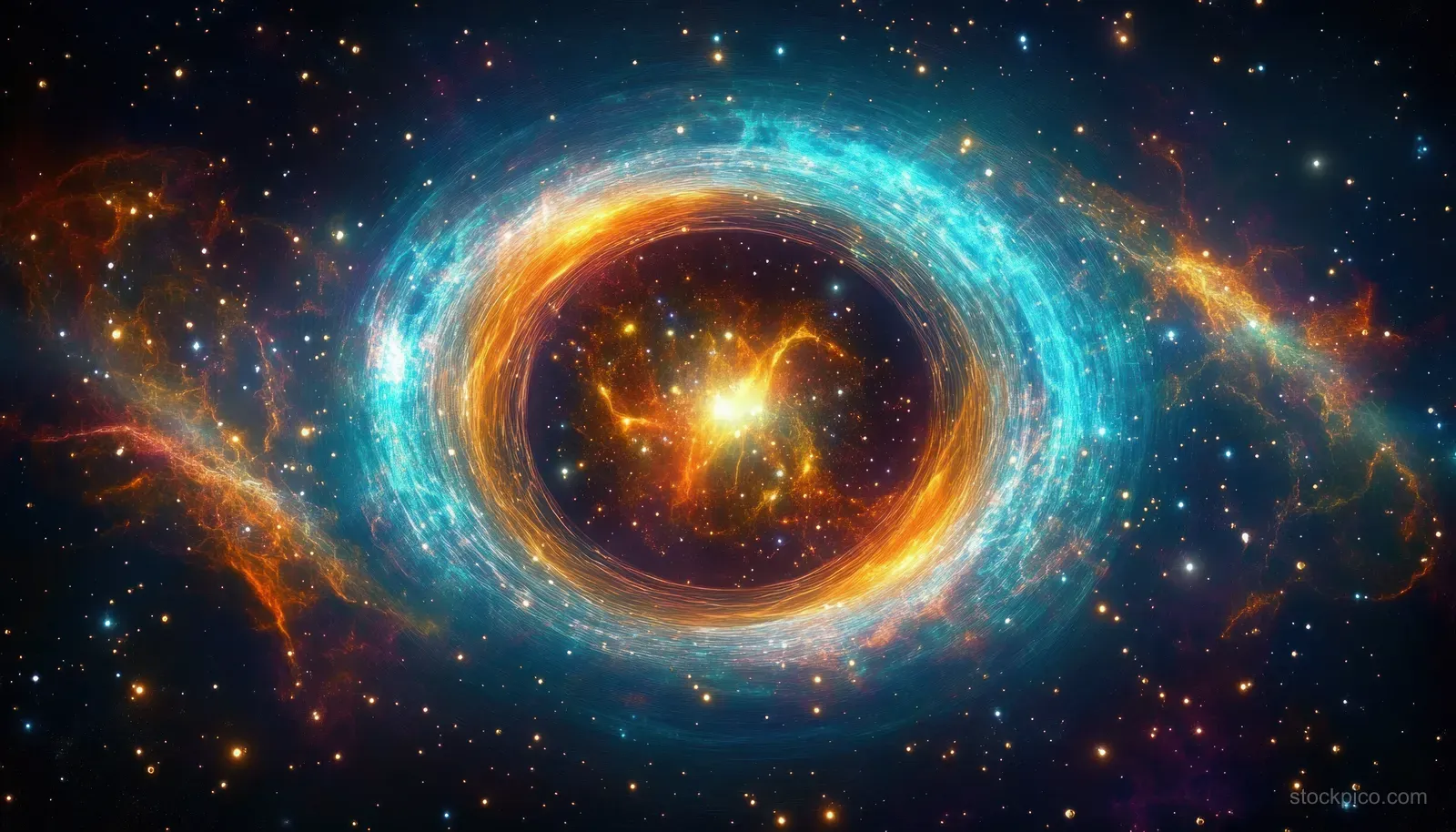 A glowing blue and orange gas ring surrounds a bright star cluster amid scattered stars and cosmic dust.