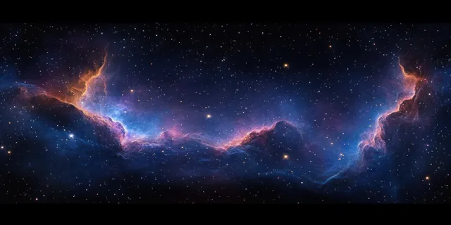 Impressionist cosmic landscape with swirling blue and purple nebula clouds and scattered glowing stars.