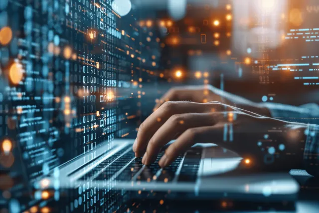 A modern digital workspace illustrates cybersecurity and programming with networked code and secure computing concepts.