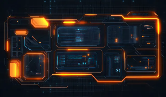 Glowing orange and blue futuristic interface panels display schematics and scrolling data on a dark background grid.