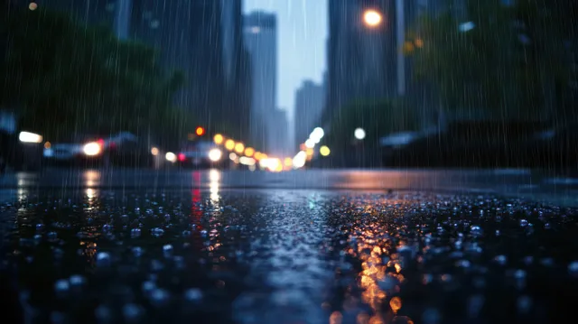 Blurred night street scene with heavy rain and colorful light reflections shimmering on wet pavement.