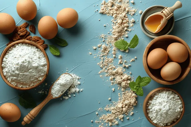 Baking ingredients including eggs, flour, pecans, and fresh mint are arranged on a blue surface for dessert inspiration.