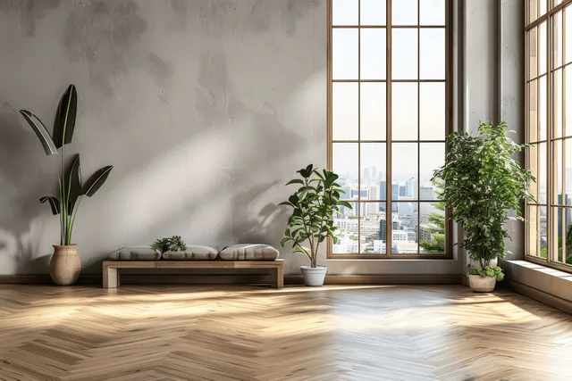 Minimalist living room interior with large windows, wooden floor, and potted plants