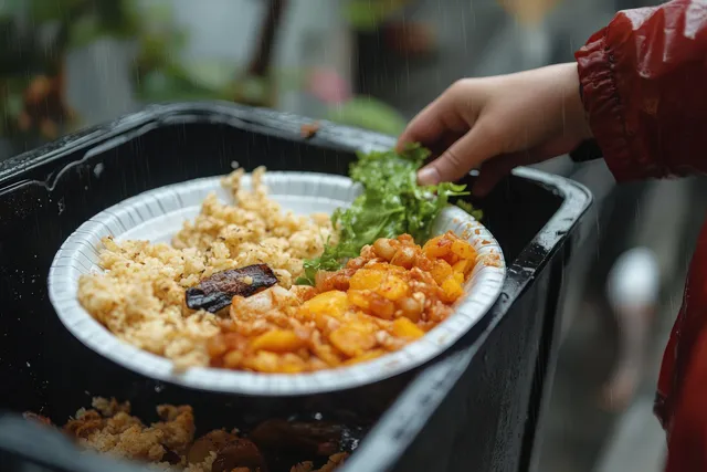 A hand puts cooked food scraps and crumbs into a compost container for recycling.