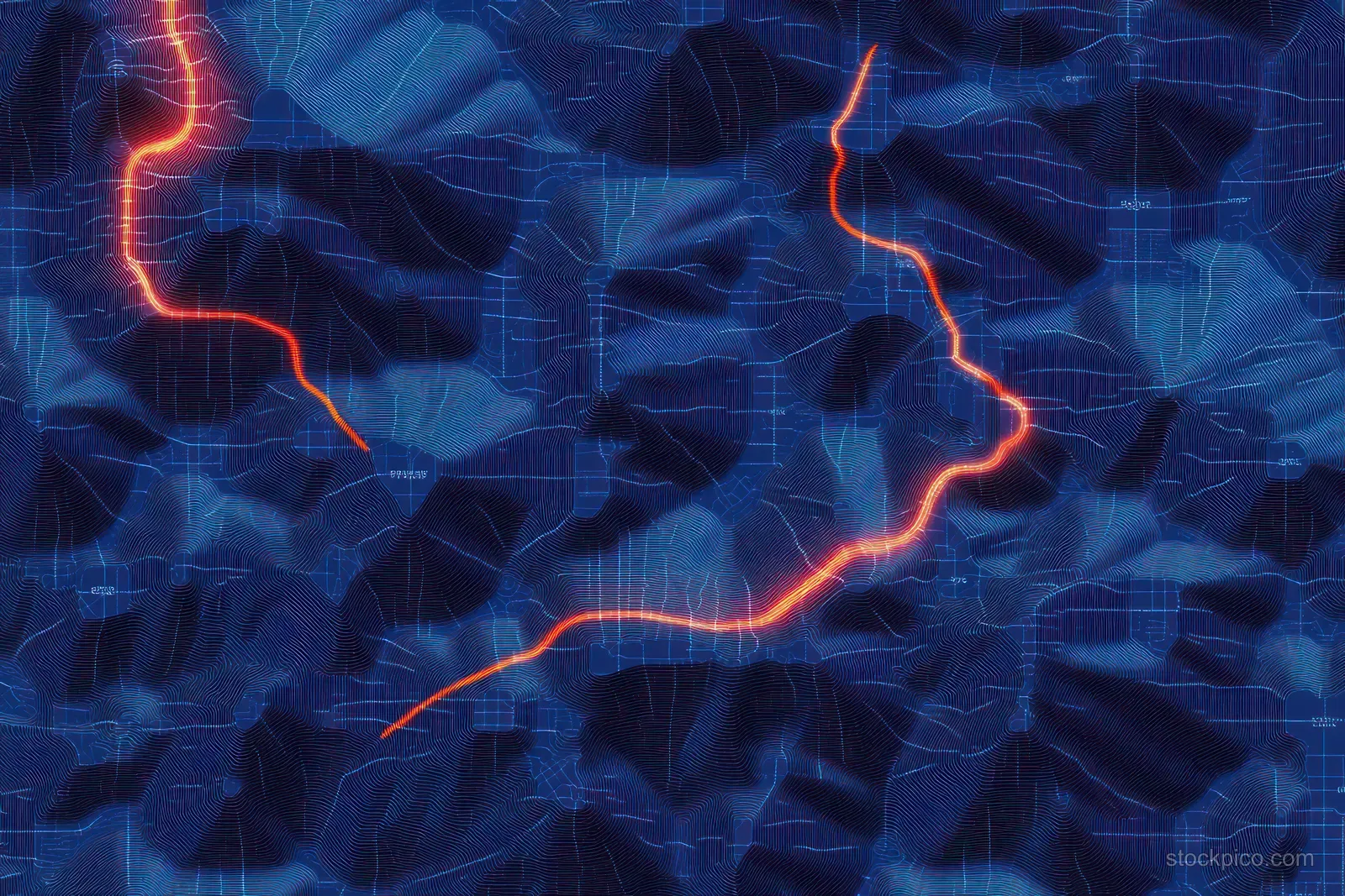 Blue topographic terrain map with glowing red-orange routes winding through mountain valleys and contour lines.