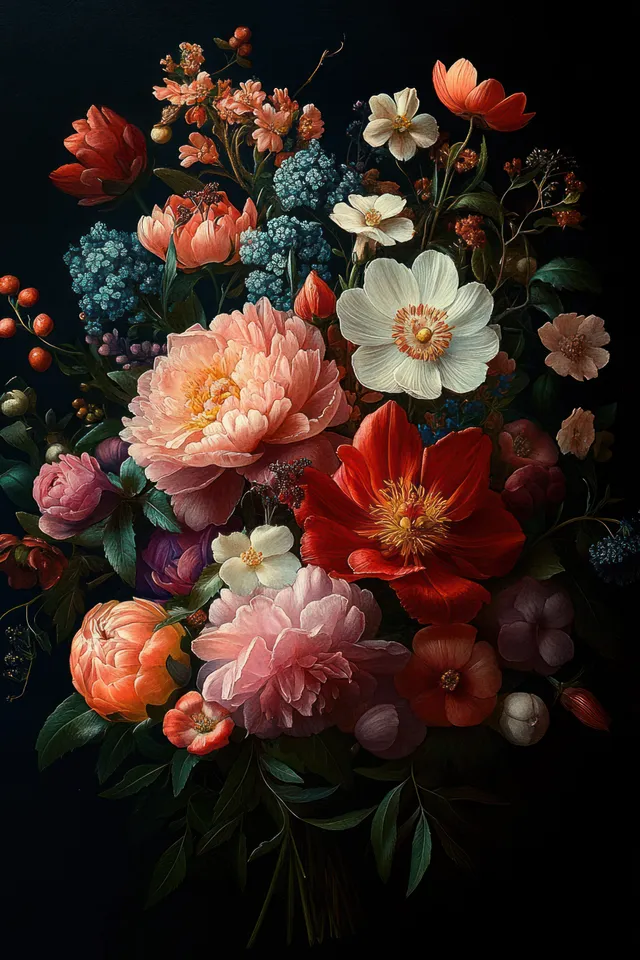 Assorted flowers including pink peonies and red poppies arranged in a bouquet against a dark background.
