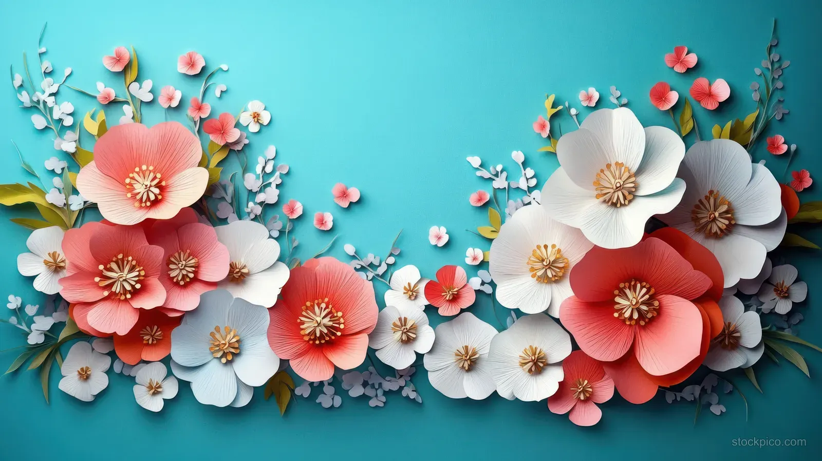 Handmade paper flower garland with coral and white blossoms and detailed stamens arranged on turquoise background.