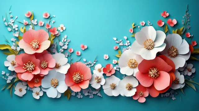 Handmade paper flower garland with coral and white blossoms and detailed stamens arranged on turquoise background.