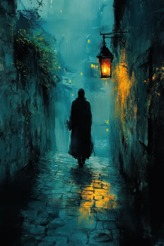 A female tour guide walks down a dark narrow alley holding a glowing lantern during a ghost tour at night.