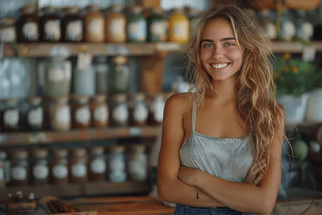 Happy young grocery shop worker standing with arms crossed at the checkout counter
