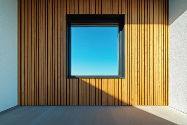 Vertical wooden slat exterior wall with a square window showing blue sky and sharp sunlight shadows.