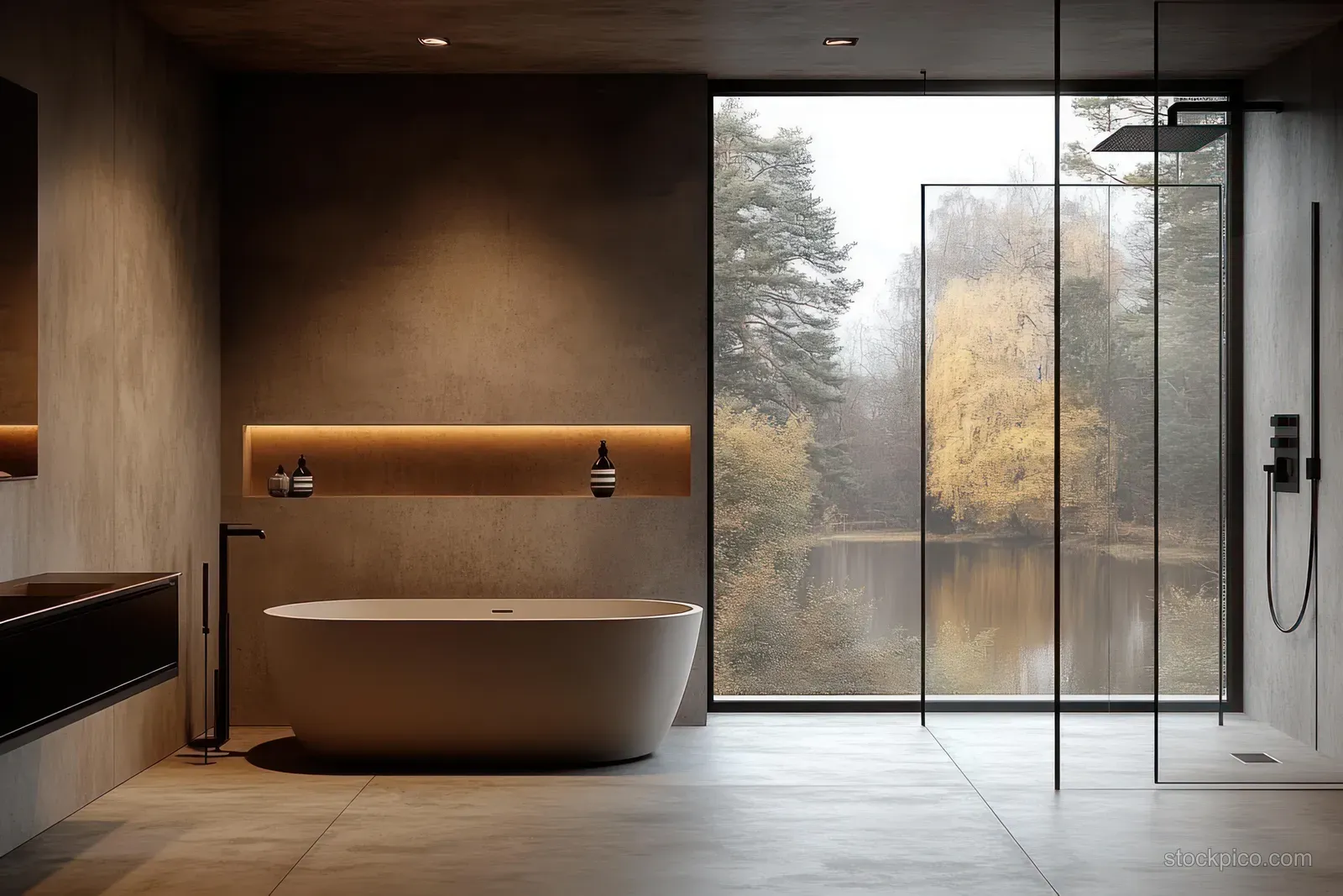 Minimalist bathroom interior showing a freestanding bathtub and glass shower enclosure beside a large window with trees outside.