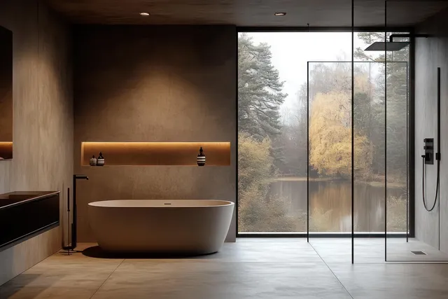 Minimalist bathroom interior showing a freestanding bathtub and glass shower enclosure beside a large window with trees outside.