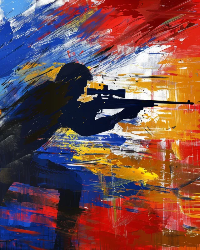 Silhouetted air rifle shooter aiming at a target over swirling Russian flag colors and brush-stroke streaks.