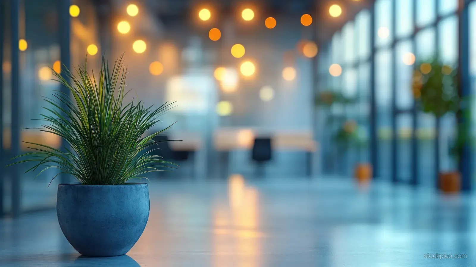 A potted plant in a blue pot on an office desk with large windows and blurred warm bokeh lights.