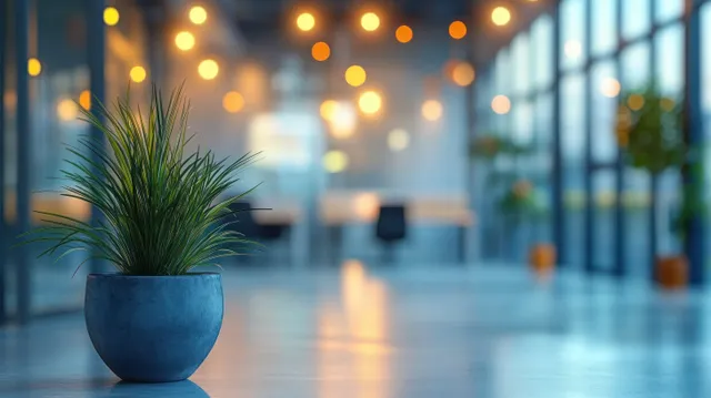 Potted plant on office desk beside large window, soft bokeh light and blurred corridor