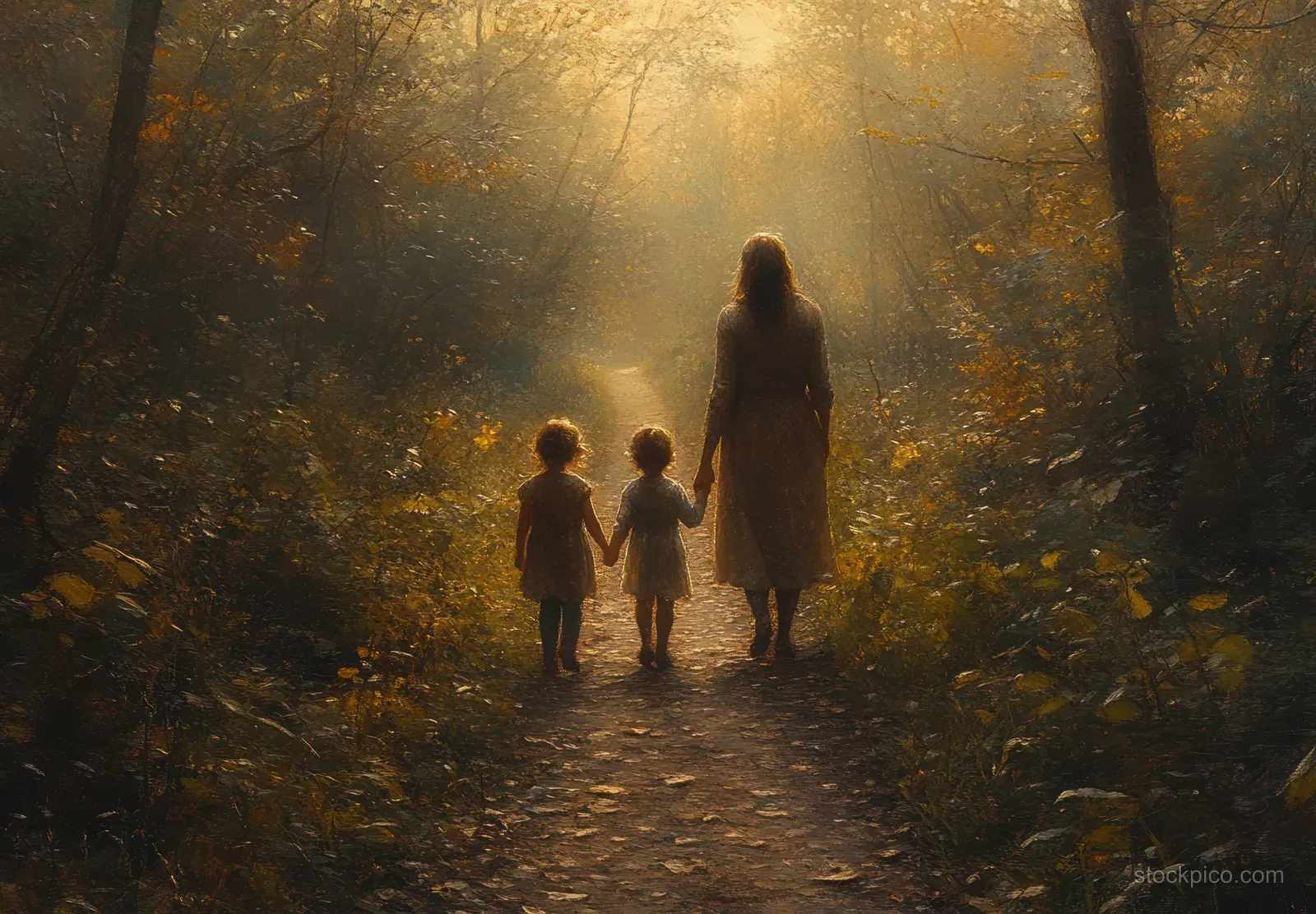 A woman walks with two children hand in hand along a sunlit autumn forest path amid dense golden foliage.