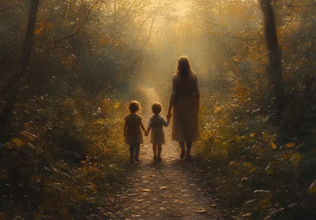A woman walks with two children hand in hand along a sunlit autumn forest path amid dense golden foliage.