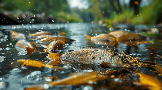 Dead fish float in murky green river water with debris and trash near the riverbank.