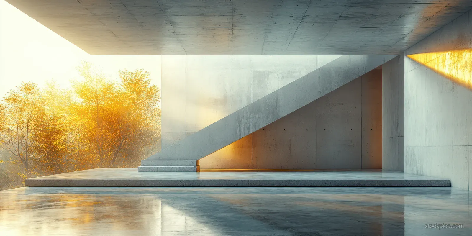 Minimal concrete interior with balcony edge and warm sunlight spilling across smooth floor and ocean view.