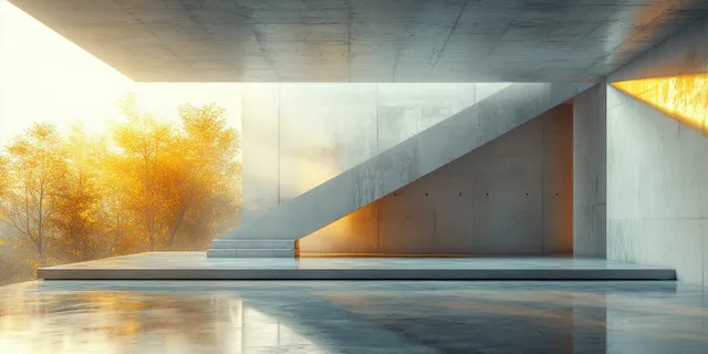 Minimal concrete interior with balcony edge and warm sunlight spilling across smooth floor and ocean view.