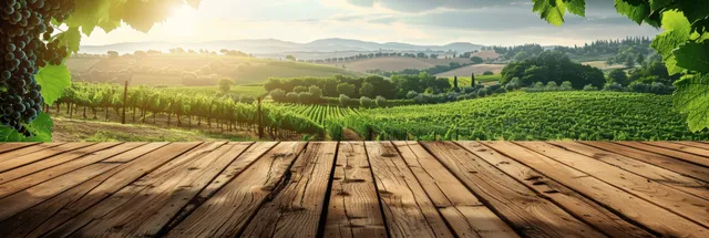 Wood table top foreground with vineyard hills and sunlit morning haze backdrop