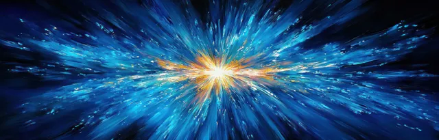 Bright yellow center blasts outward with blue and orange streaks and light rays across a dark space background.