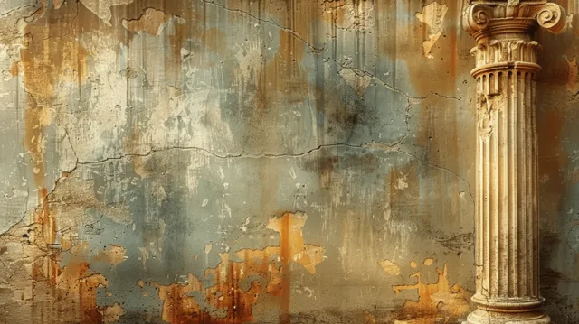 Golden ancient column beside a cracked ochre wall with faded classical mural textures and ornament details.