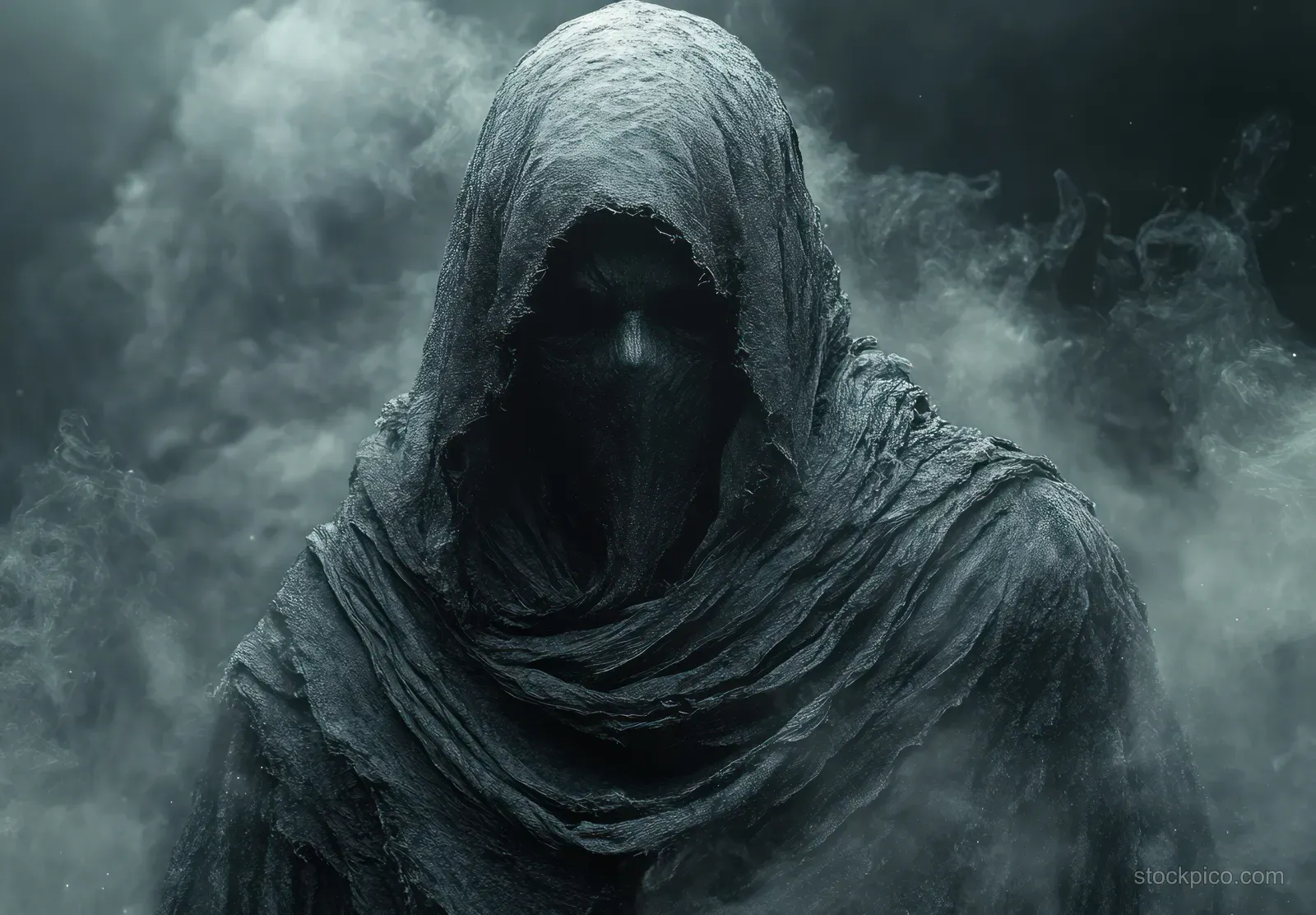 A hooded phantom figure appears in thick fog at night, with smoky clouds swirling behind it.