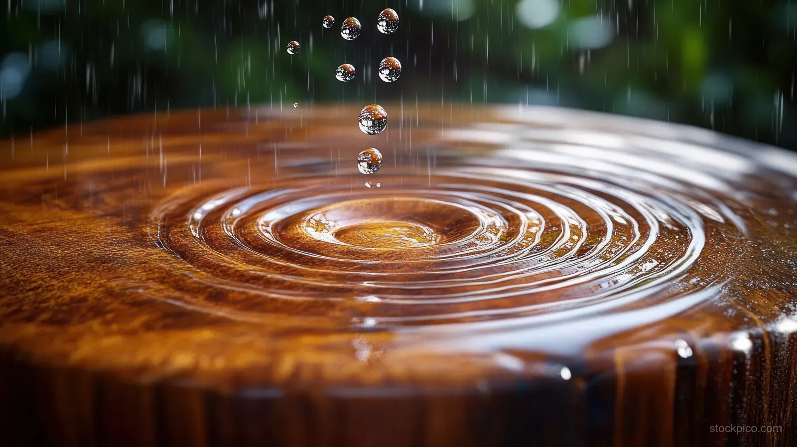 Raindrops hit a shiny wooden surface, producing concentric ripples against a softly blurred green background.