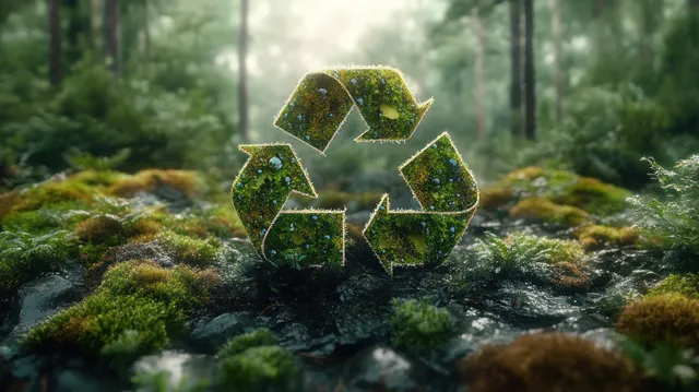 A moss-covered recycling symbol rests on a lush forest floor adorned with water droplets and rich greenery.