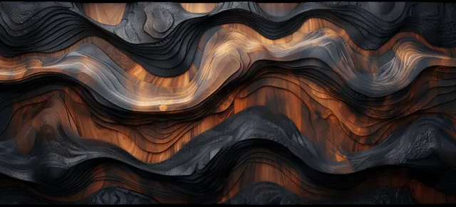 Dark carved wooden waves with glossy wavy resin highlights in bronze and black tones.
